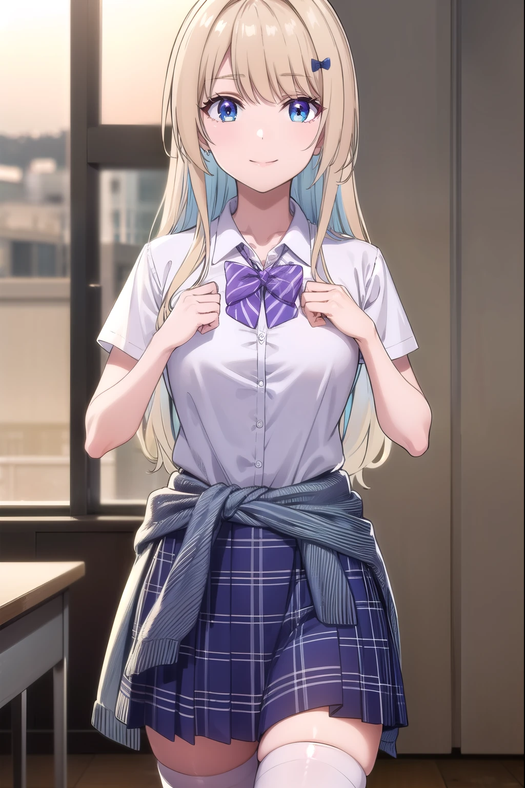 lunashirakawa,
luna shirakawa, long hair, blue eyes, blonde hair, hair ornament, bow, multicolored hair, hairclip, smile,
BREAK skirt, shirt, thighhighs, bow, school uniform, white shirt, pleated skirt, shoes, black thighhighs, bowtie, blue skirt, plaid, plaid skirt, loafers, purple bow, clothes around waist, gyaru, purple bowtie,
BREAK looking at viewer,
BREAK indoors, classroom, (cowboy shot:1.5),
BREAK (masterpiece:1.2), best quality, high resolution, unity 8k wallpaper, (illustration:0.8), (beautiful detailed eyes:1.6), extremely detailed face, perfect lighting, extremely detailed CG, (perfect hands, perfect anatomy),