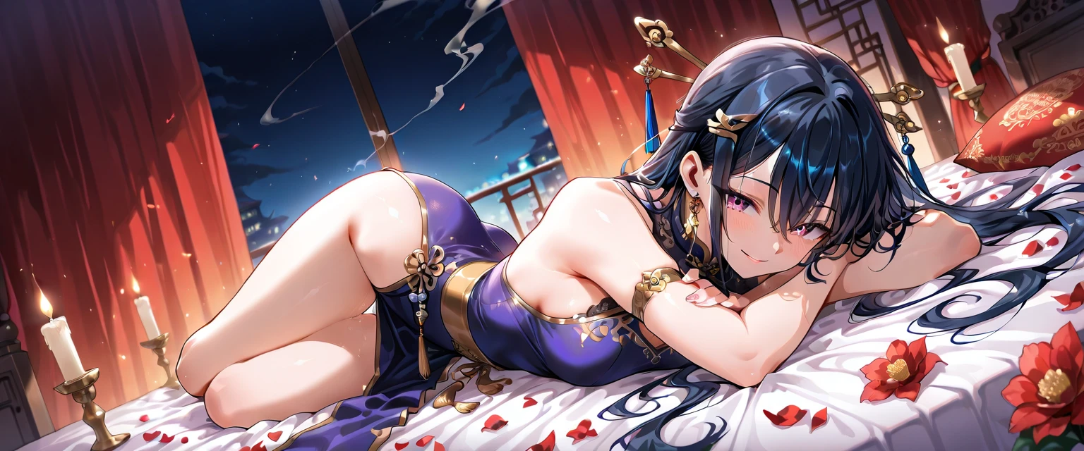 Highest quality, masterpiece, figure, wallpaper,One woman, Beautiful detailed woman, Highly detailed eyes and face, Beautiful attention to detail, Shine, View your viewers, Purple Eyes, Side Up,Bright Red Hair ,crisp finger, clear background, deep night、Big earrings、bracelet,28 years old,Are standing
