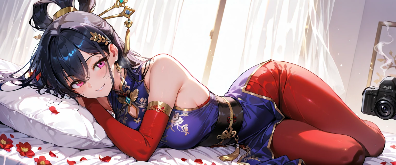 anatomically correct, best quality, masterpiece, high quality, high details, highres, HD, (shaded face:1.2), hollow eyes, purple eyes, looking at viewer, heavy breathing, smirk, upper teeth, (lazy eyes:1.2), black hair, long hair, huge breasts, sweating, wet, breasts, black_hair, 1girl, gloves, large_breasts, cleavage, long_hair, hair_over_one_eye, solo, white_legwear, looking_at_viewer, thighhighs, lantern, hair_ornament, bare_shoulders, blush, lamp, thighs, fishnets, japanese_clothes, sitting, white_gloves, boots