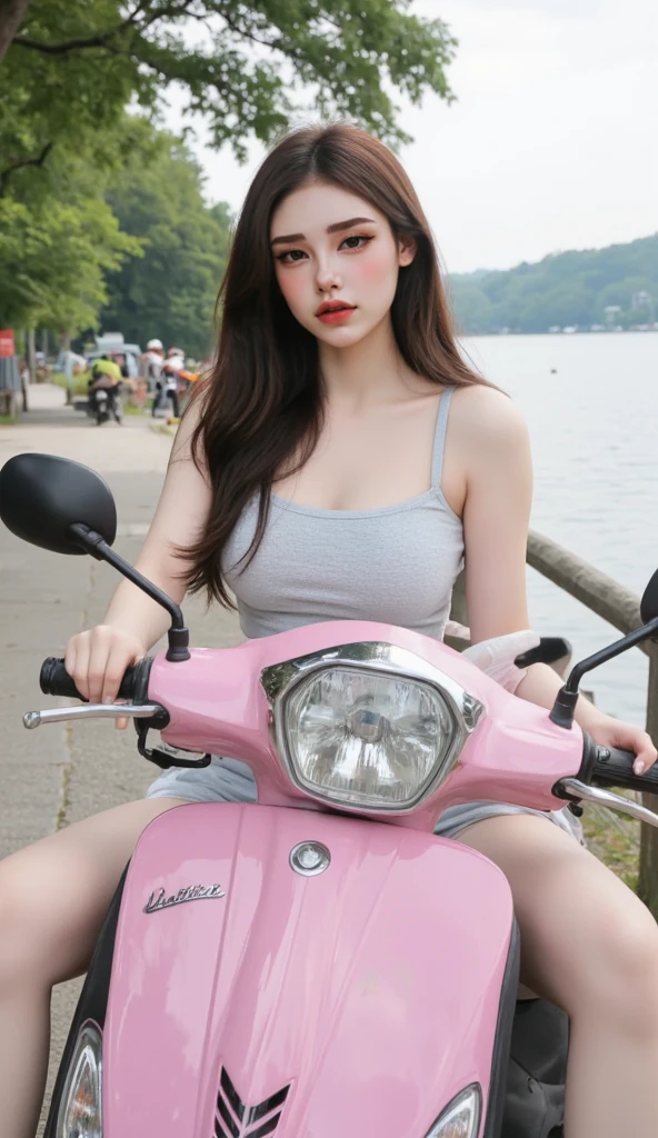 a lot of details, (slender waist), 30 years old, detailed black hair, beautiful detailed hair, super fucking beautiful, complex details beautiful and delicate eyes, perfect hands, (small breasts best quality), perfect and delicate limbs, detailed skin, best quality, ultra-detailed,(Scene of cornering on a hang-off on a super sports motorcycle:1.3),
full body, (impressive panoramas), thick thighs, (riding motor), floating long hair, cheerful grin, (strapless dress:1.3), high heels, pink Clothes,