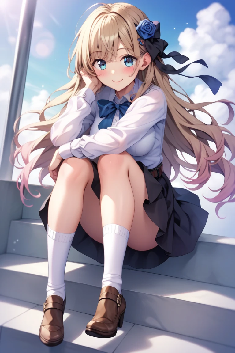 masterpiece, best quality, high quality, beautiful anime character, solo, anime girl with brown hair, soft hair, long hair, blue eyes, cat ears, slightly big breasts, mature female, tall female, big girl, thick, (calming face, light smile, loving eyes), indoors, (white shirts, white panties, dark blue pleated skirt), cat tail, from below view, school girl, white socks, sitting, panties peeking, crotch highlighting, 