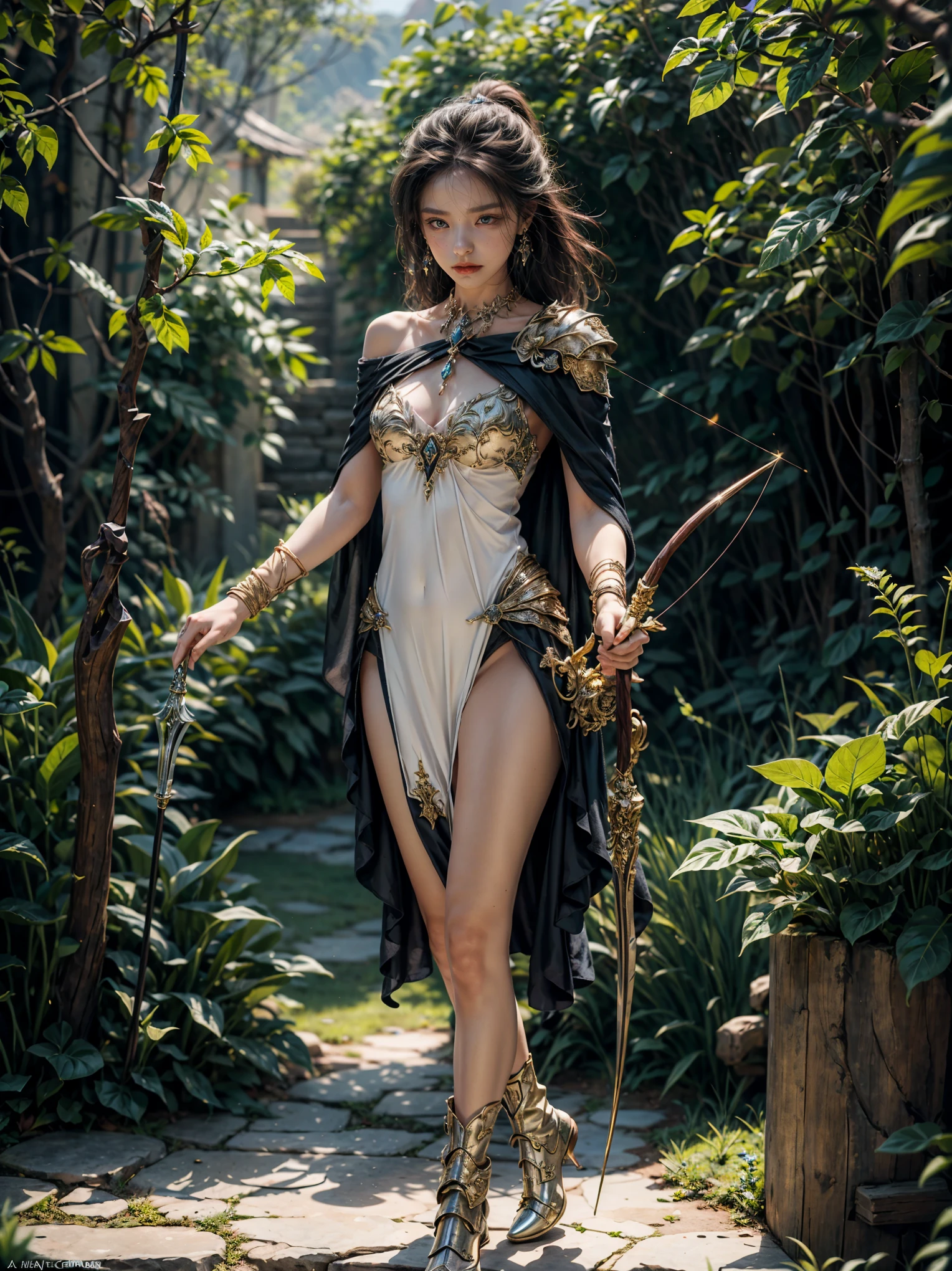 best quality,master piece,intricate details,1femail elf ,solo,(full body:1.4),(light smile),legs,forest background,brightly,lips,beautiful elf woman with long blond hair,long mage robe with leaves motive,circlet of gold with a green gem,sword on hip,depth of field,ultra hd,matte photo,bold yet graceful,intricate embellishments,8k resolution
