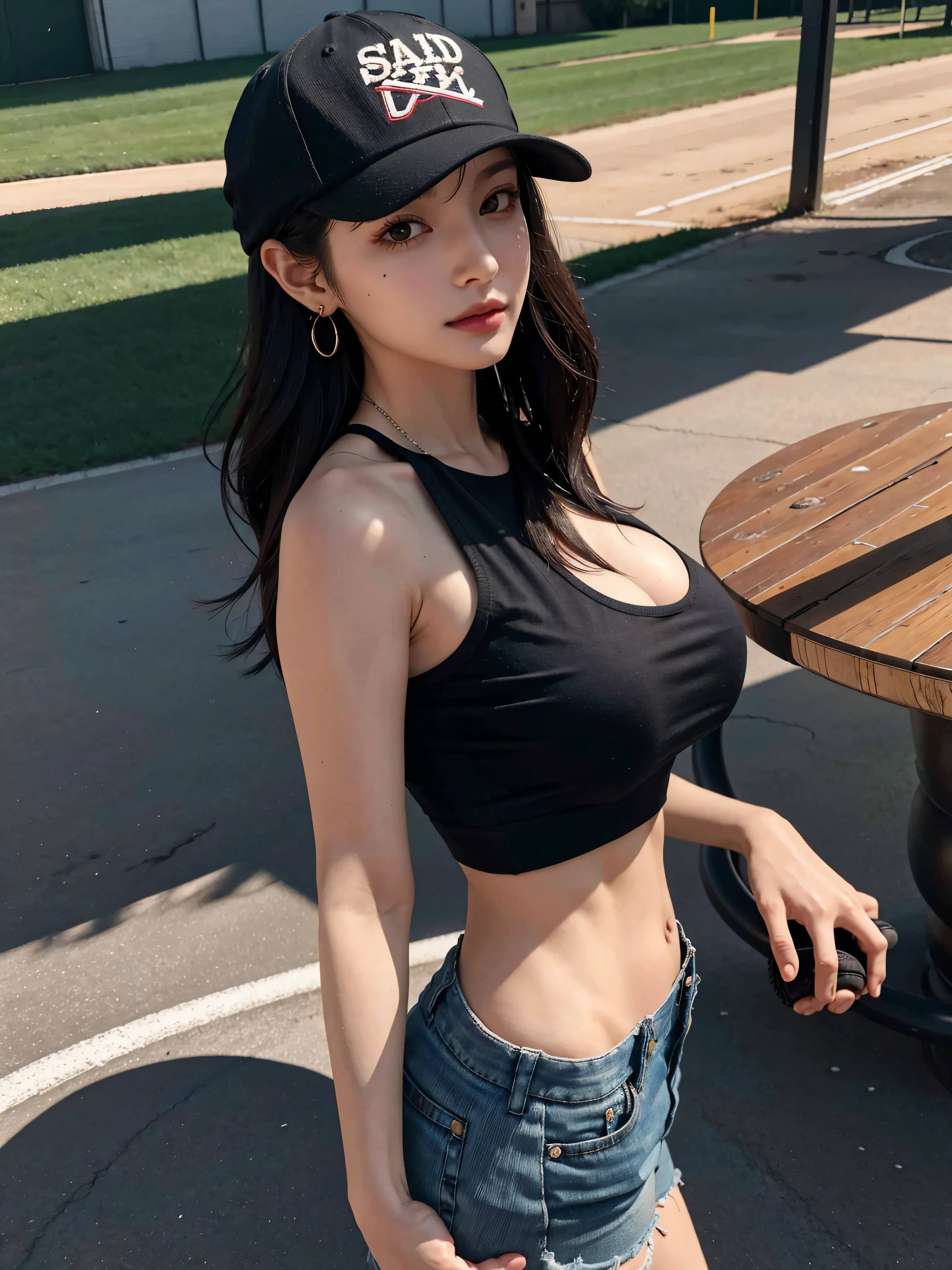 8k, Masterpiece, best quality, realistic, very detailed, 1 woman, healthy body, realistic skin texture, big breasts, staring at the audience, Crop shirt, Short t-shirt, tank top, underboobs, (Torn shirt), under , micro mini skirt, Sexy Pants, His shorts were torn., Reveal the skin., (Wear torn clothes.),(Torn clothes),movie light, Face focus, good eyes, detailed face, The face was bright...., During the day, choker:1.4、necklace:1.4、earring:1.4、outdoor motel coffee shop in the background, Low angle shot, View from below,Beautiful tattoos,small belly cake,
