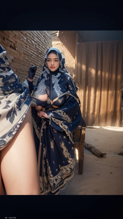 A mature, 30 year old, Malaysian woman. She wearing a light blue silken hijab, she has a lovely face and very large deep black eyes. She has enormous breasts with substantial sag, chubby overall, hourglass figure, wide hips and full thighs, and a big butt. She dressed in a transparent blue veil. A Chinese dragon coils around her sensually, caressing her hips and breasts, its scales are alternating red and green with bright golden eyes. They are ina Christmas themed room. Show her from head to toe, full body shot