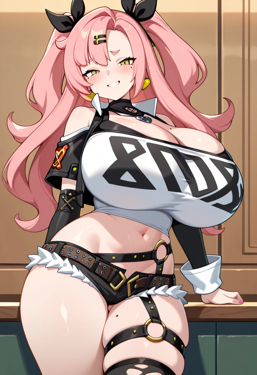 aru_\(blue_archive\), pink hair, horns, halo, blunt bangs, long hair, sleeveless, camisole, short shorts, areola slip, huge saggy breasts, leather collar, in door way, annoyed, blush