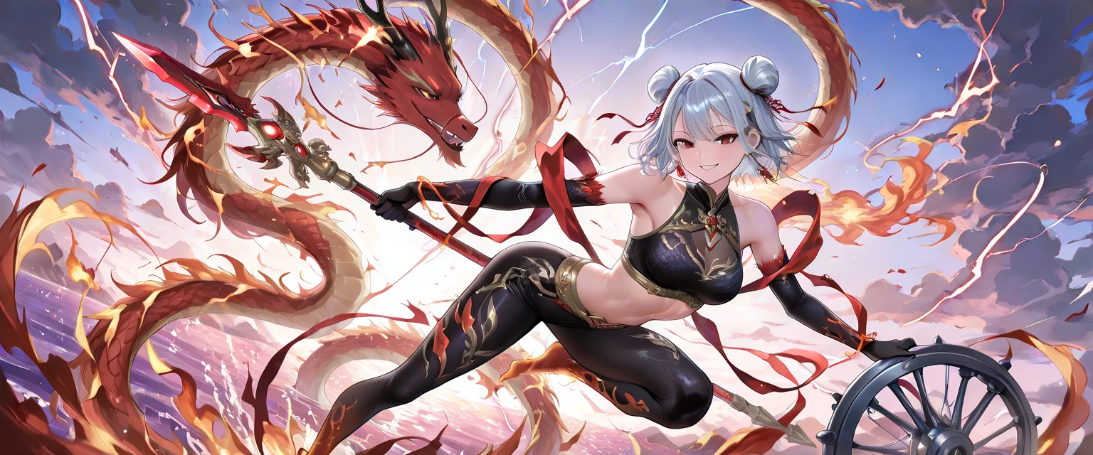 Young girl, white hair, blue eyes, dragon horns, dragon tail, battle form, open belly, dragon tattoo, sleeveless, tattoo, smirk, hands behind head, Masterpiece, best quality, Full HD, 8k, ultra details, great graphic