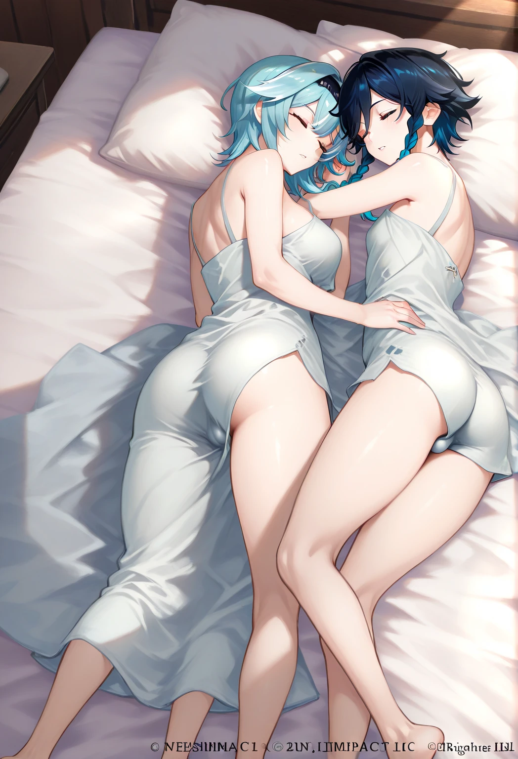 Two girls ,one girl lying on bed,other girl licking vagina,moaning face, crying face, restless, saggy breast, sweaty,hot steam effect around them,sloppy saliva,very sweaty , detailing, sweaty detailing, legs,bend legs, vagina lick, pussy lick