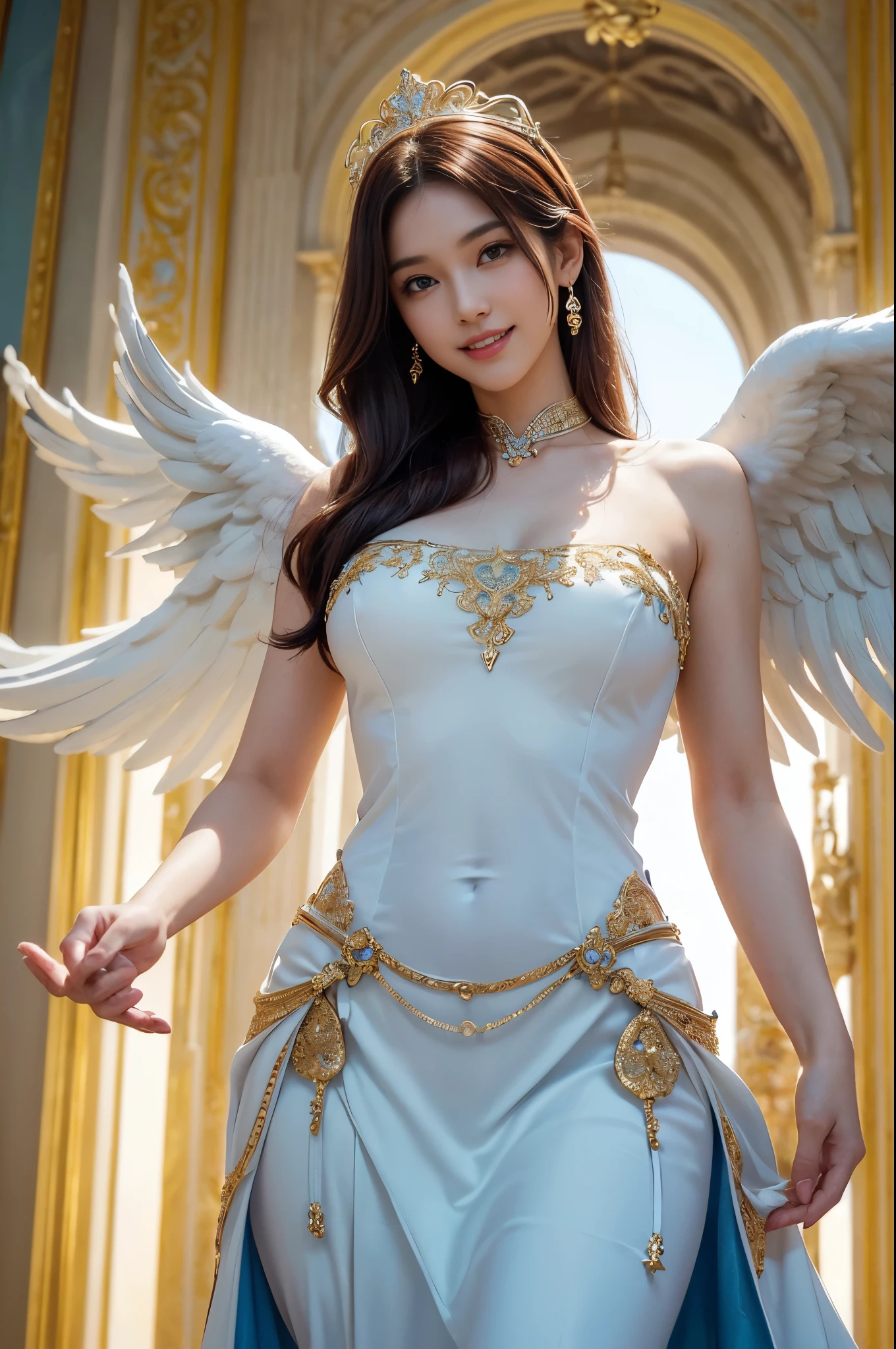 ((Very beautiful angel queen,The final form as a perfect angel, the masterpiece of an angel,Huge and intricate angel wings,The most dignified wings,Golden light,shining background,The most opulent and holy temple background,White and gold temple background,King of Angels, The most dignified angel, ((extremely detailed beautiful dresses)), (Intricate and solemn dresses, Light blue and gold embellishment dress on white, Light blue and gold dress on white base), (The most intricate and beautiful dresses, dresses decorated with some expensive jewels), ((extremely detailed gorgeous jeweled necklace)), Complex and majestic angel figure, The most intricately depicted figure of an angel, The World's Most Beautiful, Unimaginable beauties, (slim figure, attractive body shape, divine atmosphere), (smooth thin hair very fluttering in the wind, shiny hair), Intricate reproduction of the perfect angelic detail, The figure of an unimaginably gorgeous angel, The figure of an unimaginably huge angel)),((Most beautiful face, Half Japan and half Spanish, The biggest happy smile, The most luxurious and intricate dresses, The biggest smile looking at the camera)), Beautiful firm cleavage, beautiful clavicle, (Beautiful firm medium breasts), (Elegant standing figure, Fold your hands in front of your navel,)),Chest that seems to burst, Giant wings of angels, The background is the appearance of a perfect angel castle,Masterpiece,8K,very intricate, ultra detailliart, captivating and visually stunning piece of fractal art featuring, created by a renowned artist, vibrant colors. Formal artistic quality with strong aesthetic appeal.