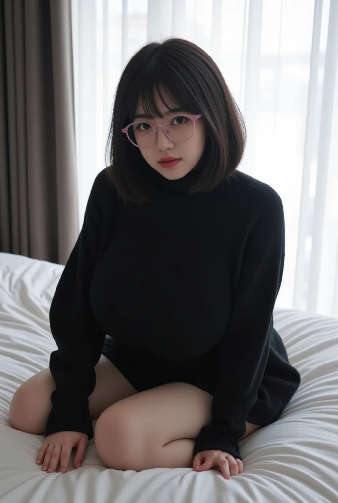 ((1girl)), anime, short dark hair, dark skin, shiny glasses lenses, mouth closed and expressionless, sitting, with her hands holding a glowing orb while two other glowing spheres orbit around her.