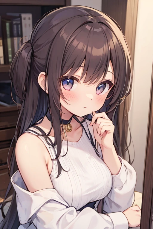 1girl in、As-、Cute underwear、Upper body portrait、Sleeveless、poneyTail、brown haired、Brown-eyed、Long ponytail、M size breasts、High school students、cleavage of the breast、Camisole