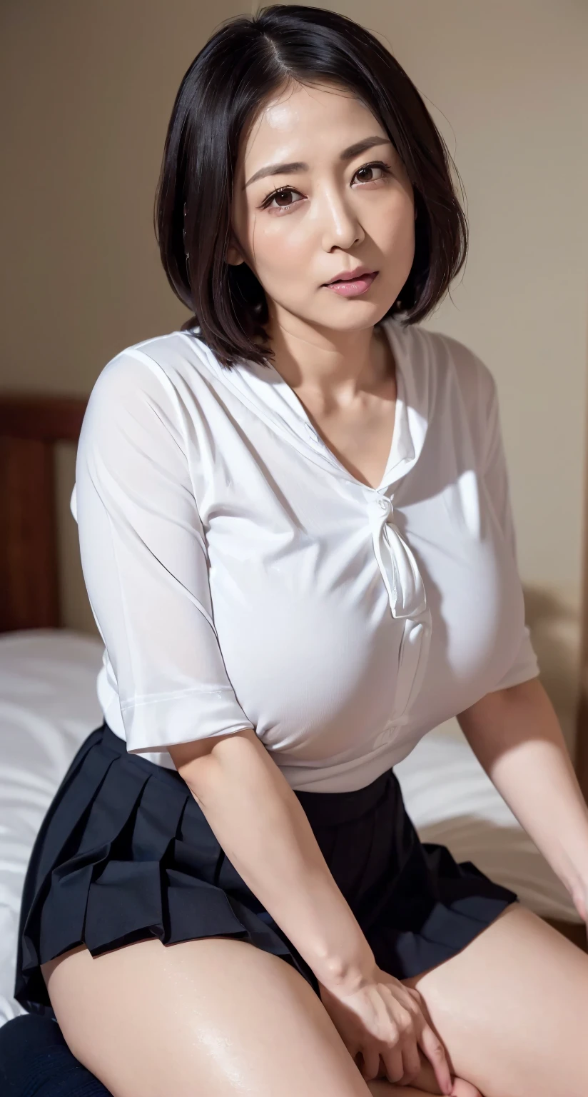 (masterpiece:1.4),(50-year-old woman:1.4),Japanese actress face、smile,White sheer blouse、(skirt,skirt lift:1.3)、Pink Hair、No underwear、No underwear、Meaty thighs、Ecstatic expression、Japanese actress face、Full Body Shot、short hair