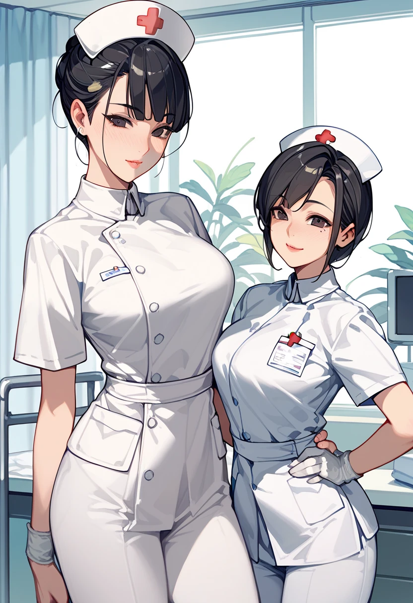 (Highest quality, 8K, 32k, masterpiece, Ultra-high resolution:1.2),Beautiful Japanese Women Photos、alone、2 girls、healthy、Glowing Skin, Shallow depth of field、Contrasting、Professional Model、look forward to、Overbyte、mouth half open、blush:2.5、Random hairstyles for short hair、Black Hair、Face close-up、Portraiture、Teeth are visible、Big Mouth、Droopy eyes、Round face、Multiple moles、Fair skin、A lively 24-year-old、Brown eyes、Big smile、(Chubby) 、nurse、Wearing a uniform、Working