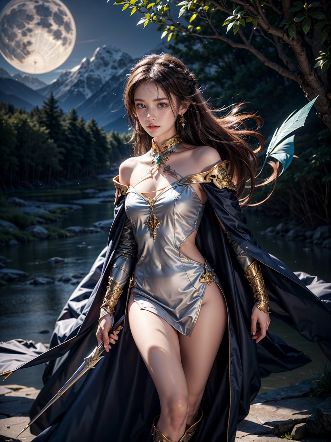 Splitting characters is prohibited,(Full body shot:1.3), Must show your face, anatomy correct, Mountain tops during the day,There is snow,Polished pointed-toe high-heeled leather shoes must be worn and walking on ice,Stockings are mandatory, Warcraft Night Elf costumes of any color,green shades, A shallow laugh, Complex and diverse backgrounds,Strangling effect,hyper HD, Ray traching, structurally correct, Award-Awarded, high detal, lightand shade contrast, Face lighting,cinmatic lighting, tmasterpiece, super detailing, high high quality, high detal, best qualityer, 16k