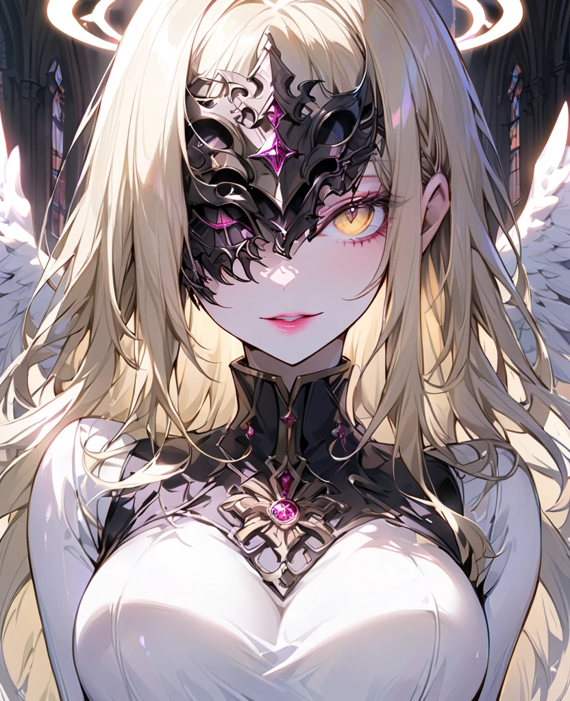 Cult woman wearing mask at mirror masquerade ball, black robe, There is a stylet in the hand、Pierce the other hand, The devil in the mirror devours the body of a cult believer through a mask, An obsidian mirror appears behind、A mirror demon attacks from the inside., high realism, high detail. The devil has pale and slippery skin,