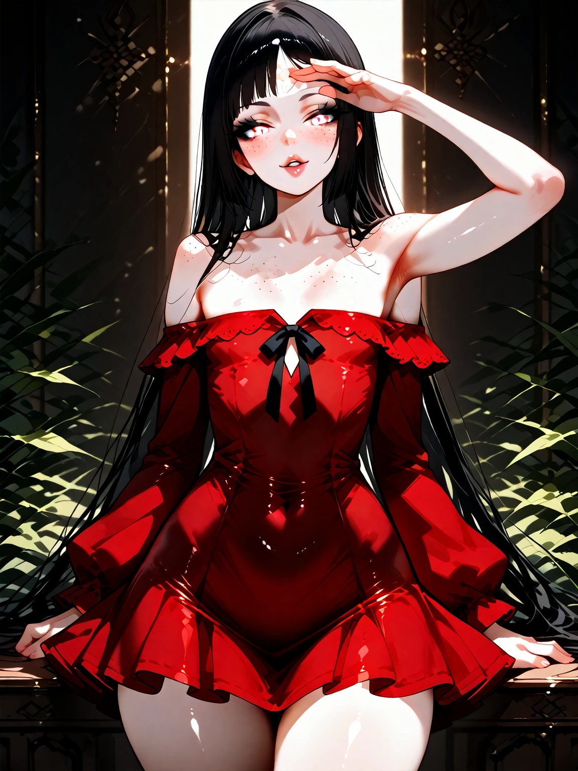 1girl, black hair, (red eye) ,red rose, Red bow,  black noble dress ,pale skin,
(high resolution, high detail, best quality), mysterious, elegant, shy