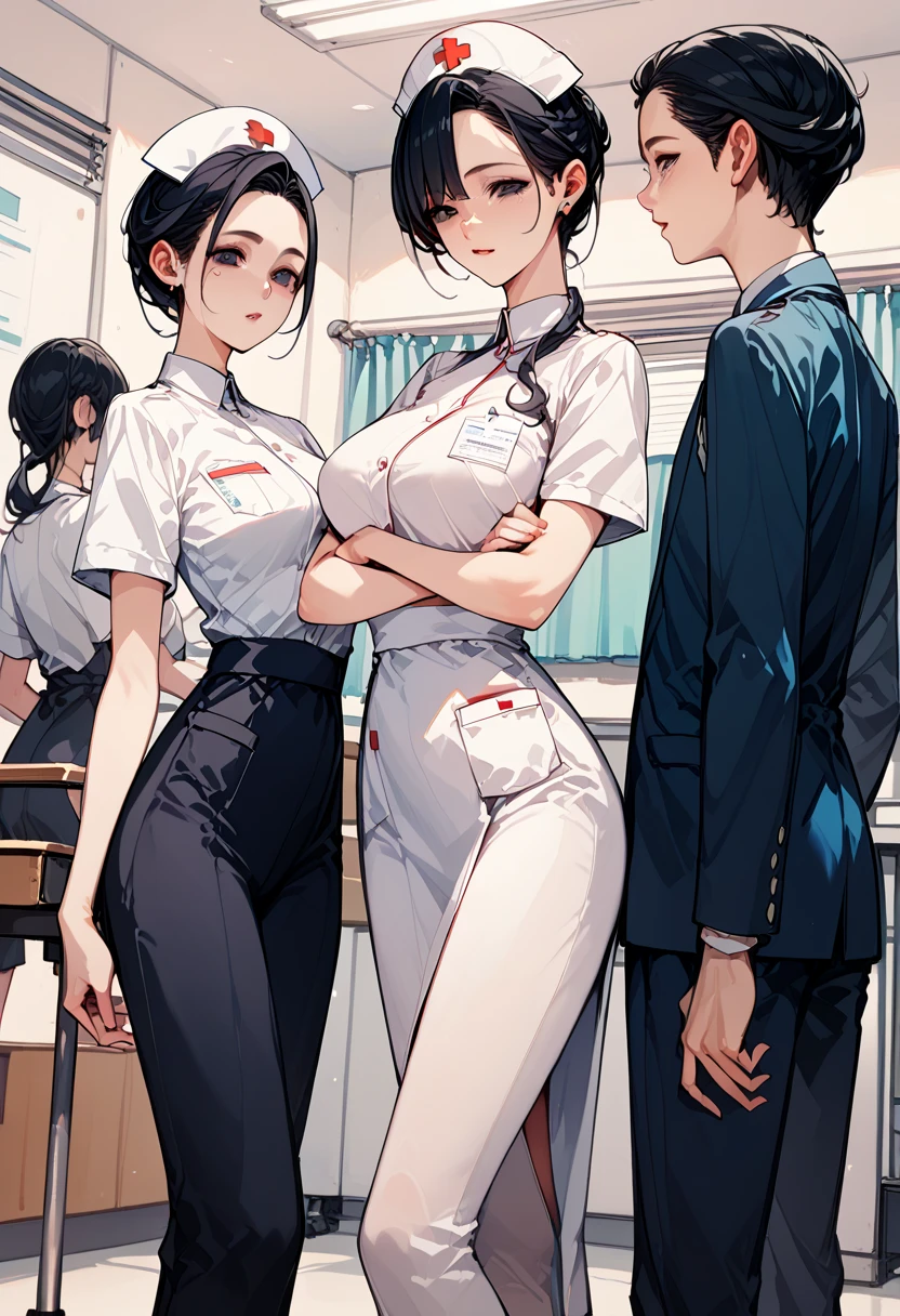 2girls,roromiya,ririchiyo, flat chested, sweaty, stripping off nurse uniform, in a changing room,masterpiece, best quality