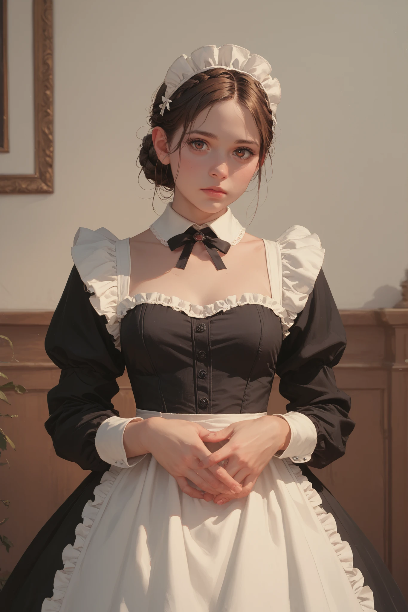youth caucasian female,brown hair French Braid Low Bun,dark brown eye color,Perfect body, A Maid's headdress is worn on the head,She is dressed in a Victorian maid's outfit. She holds her hands in front of her face.