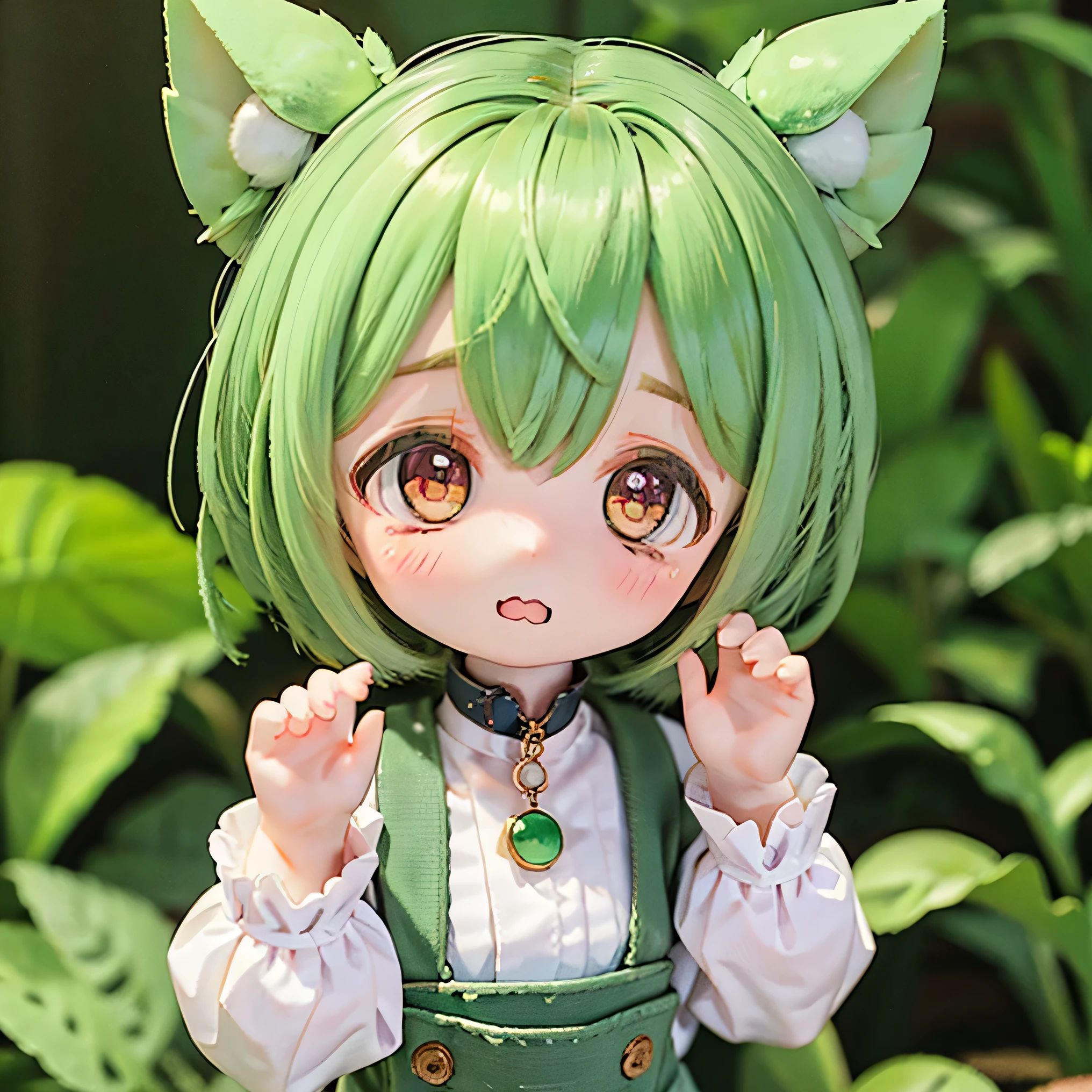 cute green-haired zundamon in playful pose, ( chibi), detailed character design , complicated details , surreal , Photorealistic , 8k, masterpiece , is high resolution, bright color, soft lighting , natural light, 、 warm palette , wonderful , Fantasy , cute , cuteデザイン , , Heartwarming、Edamame、 green overalls、white blouse、Around town