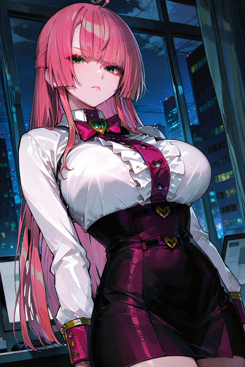 private teacher、Big Breasts、Pink Hair、Long Hair、Straight Hair、Ahoge、kind、Green Eyes、Droopy eyes