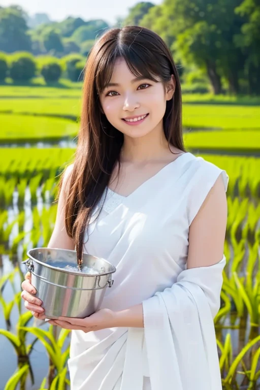 A beautiful Japanese actress is looking down A photo of someone leaning forward planting rice in a rice field high quality