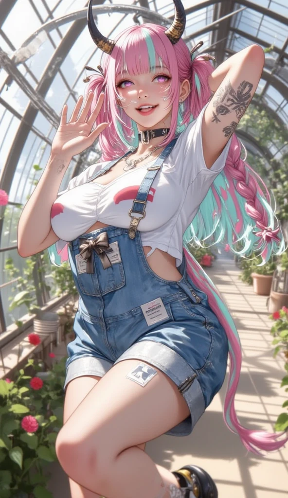Dirty female elf mechanic, 1girll, (Solo:1.5), Full body shot,, Wear only one overalls,, Blue eyes ,Slim figure,Large breasts, Glasses, Hair combed into a messy bun,Golden hair,slimfigure,rimless eyewears,Covered in oil,Dimly lit room。A pink-haired