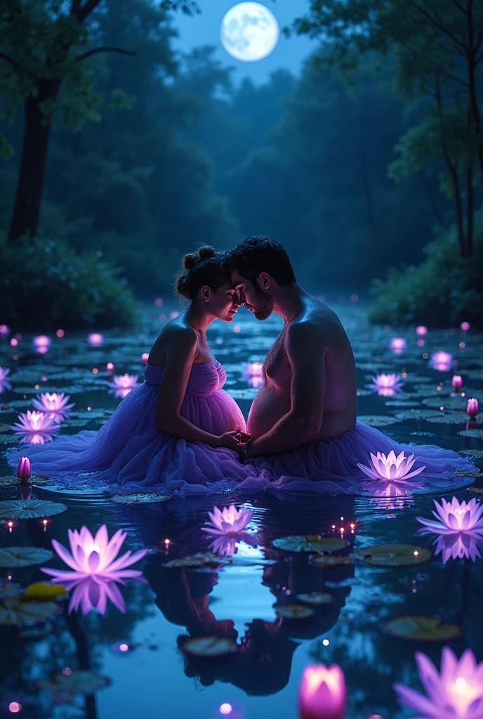 tan skin female with luminous green eyes nude lips wedding ring pink nails French manicure pink and white strawberry hair platinum long hair wearing a boohoo butterfly  kimono on the water edge looking at a beautiful neon sunset the water blue and purple pool with hydrographic sparkles sitting in the pool feeling the water with fingers posing in the water neon blue sky neon lily pads neon flowers with husband kissing his lios holding oregnat bump with husband kissing
