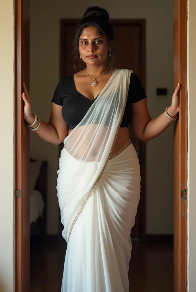 Indian beautiful woman sexy curvy plus size model wearing silver velvet color Beauty in Sari : Charm & Nature facing to camera in standing position, curvy plus size figure, big m-cup bulky breasts ,wearing White Beauty in Sari : Charm & Nature, side bun hairstyle, bright eyes, thin eyebrows, fair skin, blushing cheeks, prefect , head to thigh view, beautiful nature background and location, head to thigh view