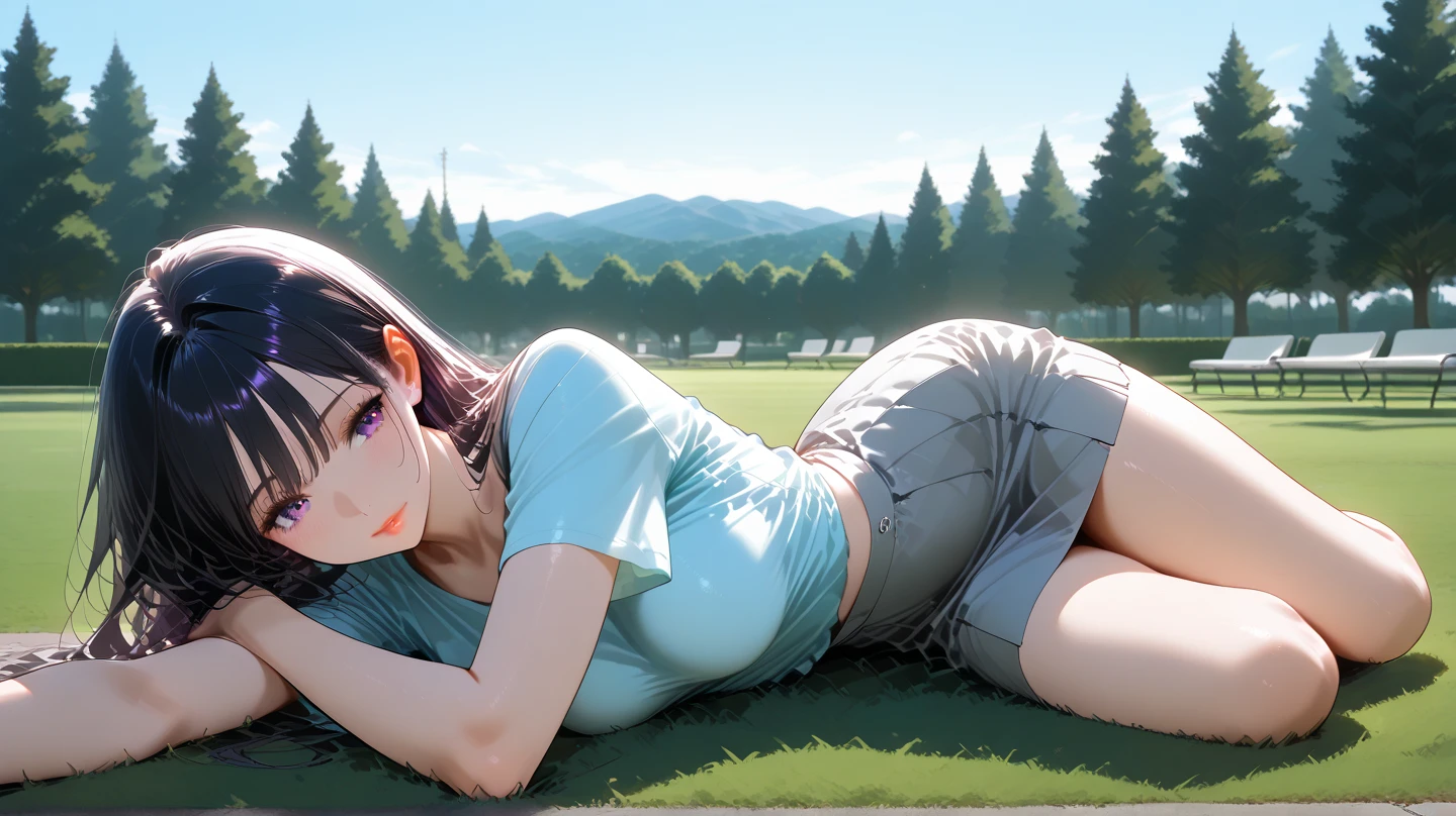masterpiece, best quality, high detail, 1girl, beautiful woman, medium wavy hair, dark purple hair, large bust, wearing pink tank top and black midi pencil skirt, white sneakers, headphones, midriff, necklace, bracelet, collarbone, garden, grass, stone, full body, looking at viewer, light smile, view from above