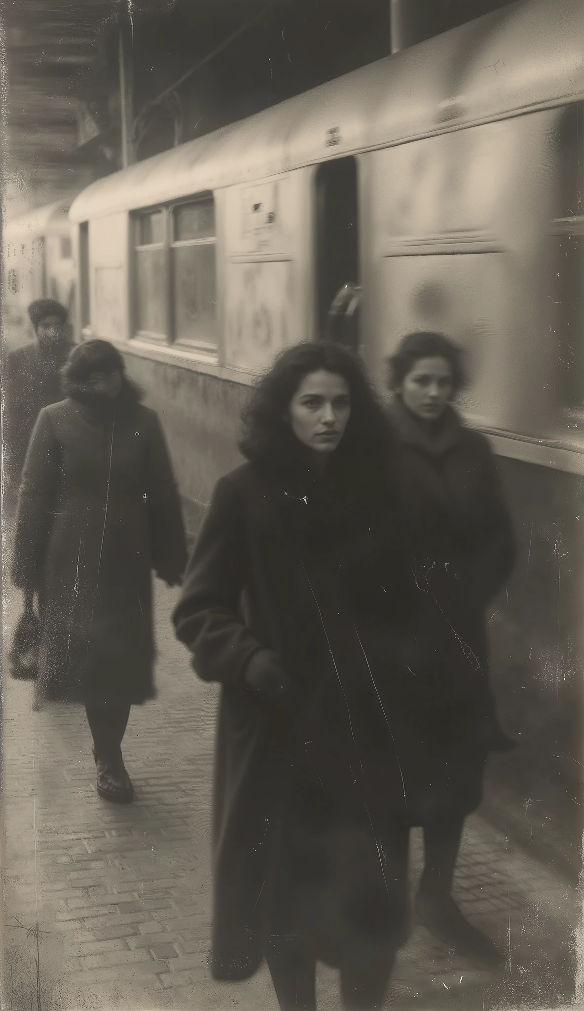 The ghostly spirit of a sinister Baga, woman not touching the ground at the train station in 1920. They have empty eyes, and their smiles are a cruel mockery of the concept of innocence. cinematographic