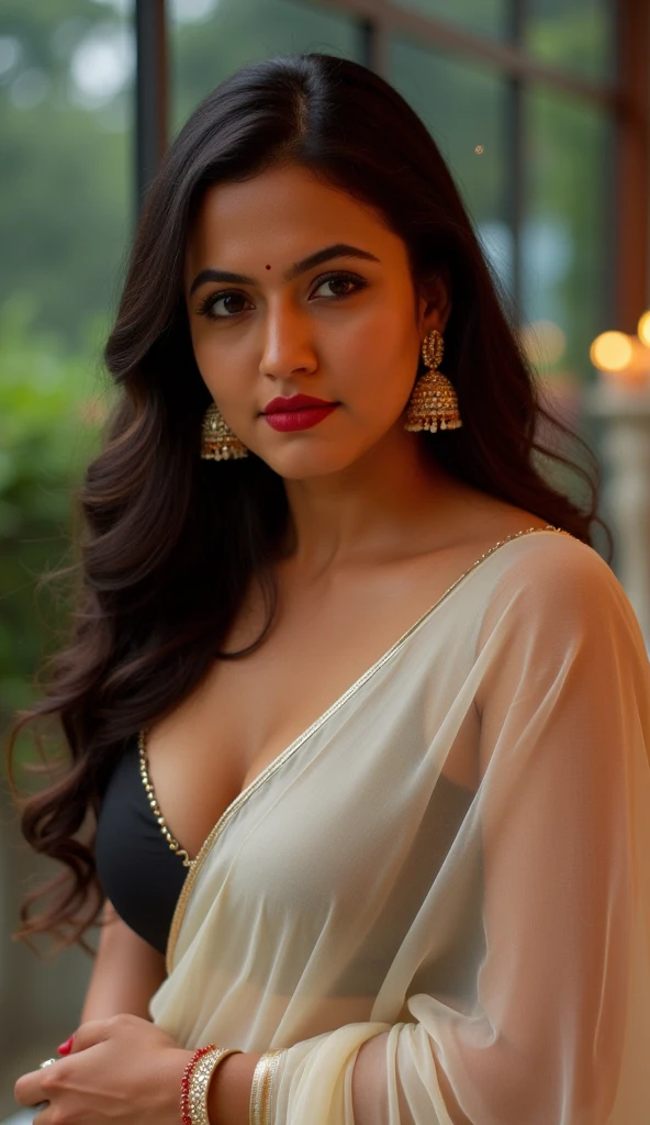 Portrait of A confident-looking indian princess from kamasutra with long flowing hair, hazel eyes, without flowing capes, Cleopatra fabric with laces, c-cup breasts, sitting in grass, water background, bokeh, perfect composition, hyperrealistic, super detailed, 8k, high quality, trending art, trending on artstation, sharp focus, nude studio photo, intricate details, highly detailed, art by greg rutkowski