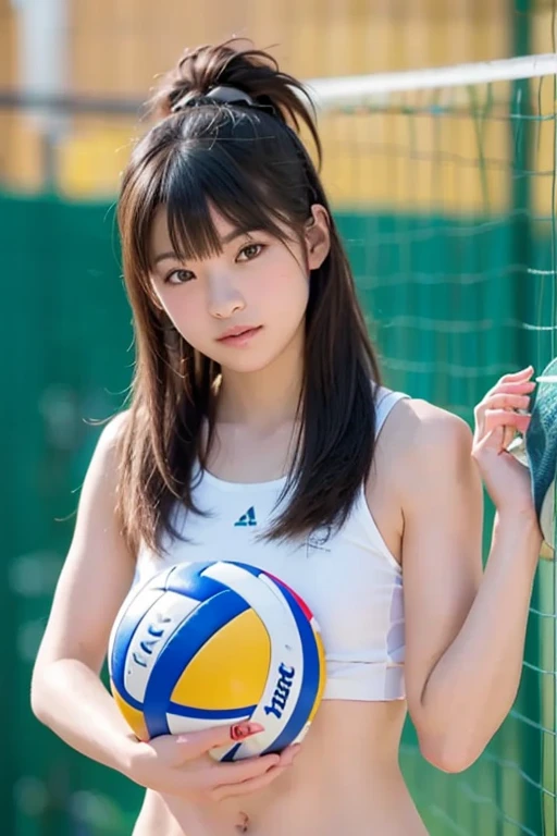 16 year old Japanese girl, Bob, Beach Volleyball, cute, smile, Thigh close-up
