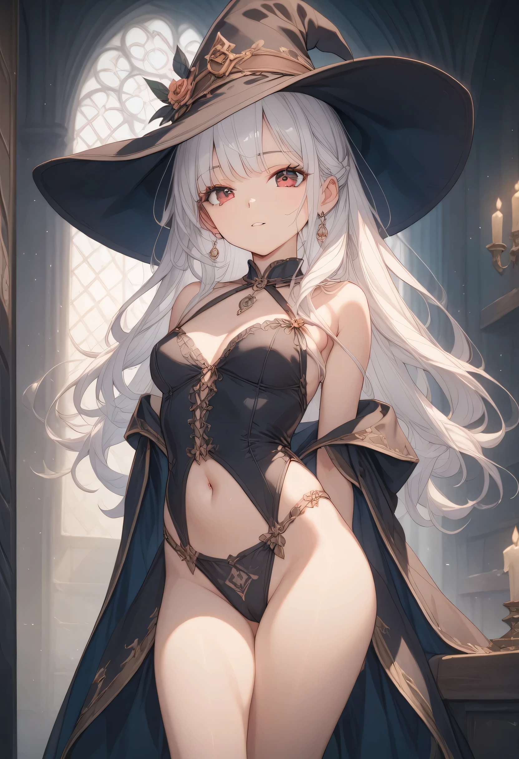 (Meisterwerk), (Best quality), (Ultra-Detail), (beste Anatomie), Offizielle Kunst, A girl, mit hellem Haar, , magical girl, Transparent witch costume, Klein, Dekollete, schulterfrei, Underboob, seitlicher Busen, Oberschenkelfokus, Nabel raus, POV, Clasp your hands behind your body, Brust raus, Kartenillustration, Tiefe Waldquellen