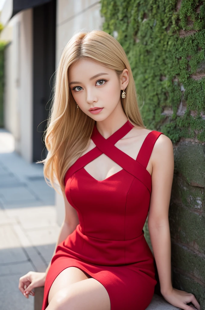 Leila、18-year-old、(Russian women)、(Cute face)、(Thin contours:1.3)、(Grey Eyes:1.8)、(Big Breasts:1.3)、(Narrow waist)、(Blonde semi-long hair:1.3)8-head-tall model style、Angle up to the knee、smile、Long dress、Inside the city of Tokyo