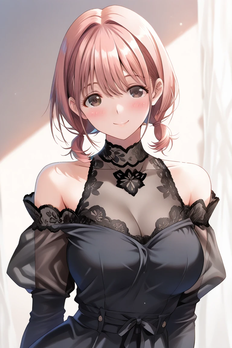 miku nakano, long brown hair, beautiful face,smiling,close up to hips, moderate breast, sitting, wearing beautiful dress , (open mouth:0.4),illustration,detailed textures(realists),ultra-detailed,portrait style,vivid colors,soft lighting, blushing, mature, hair fluttering,