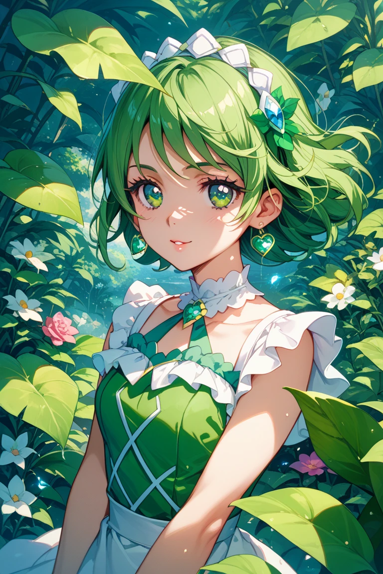 A beautiful and delicate portrait of a cute playful girl with short youthful hair, black hairr, Emerald Green Sea, mean smirk, petals dancing, (Top Quality, masterpiece, ultra-realistc) and petals floating in the background