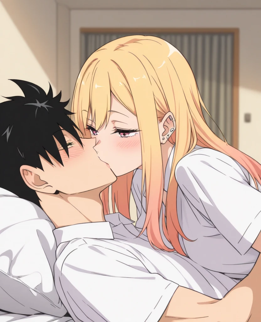 (man and woman kissing:1.6),, (masterpiece, Best Quality, high resolution, nffsw, Perfect Pixel, depth of fields, 4K), , Perfect body, , (boy and girl:1.6), (2 human in picture:1.6) boy on top, nijika ijichi, ahoge, (yellow hair:1.5), (brown eyes:1.5), long hair, side ponytail, (black skirt:1.5), bow, bowtie, collared shirt, pleated skirt, polka dot, polka dot bow, red bow, (red bowtie:1.5),, shirt, , short sleeves, skirt,, (white shirt:1.5), , ,, , nsfw,(ecstasy:1.3) ,(slut:1.2),(vulgarity:1.3),(fucked silly:1.1),(steam:1.1),(wet:0.8),(trembling:0.8),(tears:0.7) ,(drooling:0.6),(sweat:0.8), wince,(orgasm:1.5), , (nipples:1.4), (boy fondle girl's breasts:1.6) , , (hardcore sex:1.6),