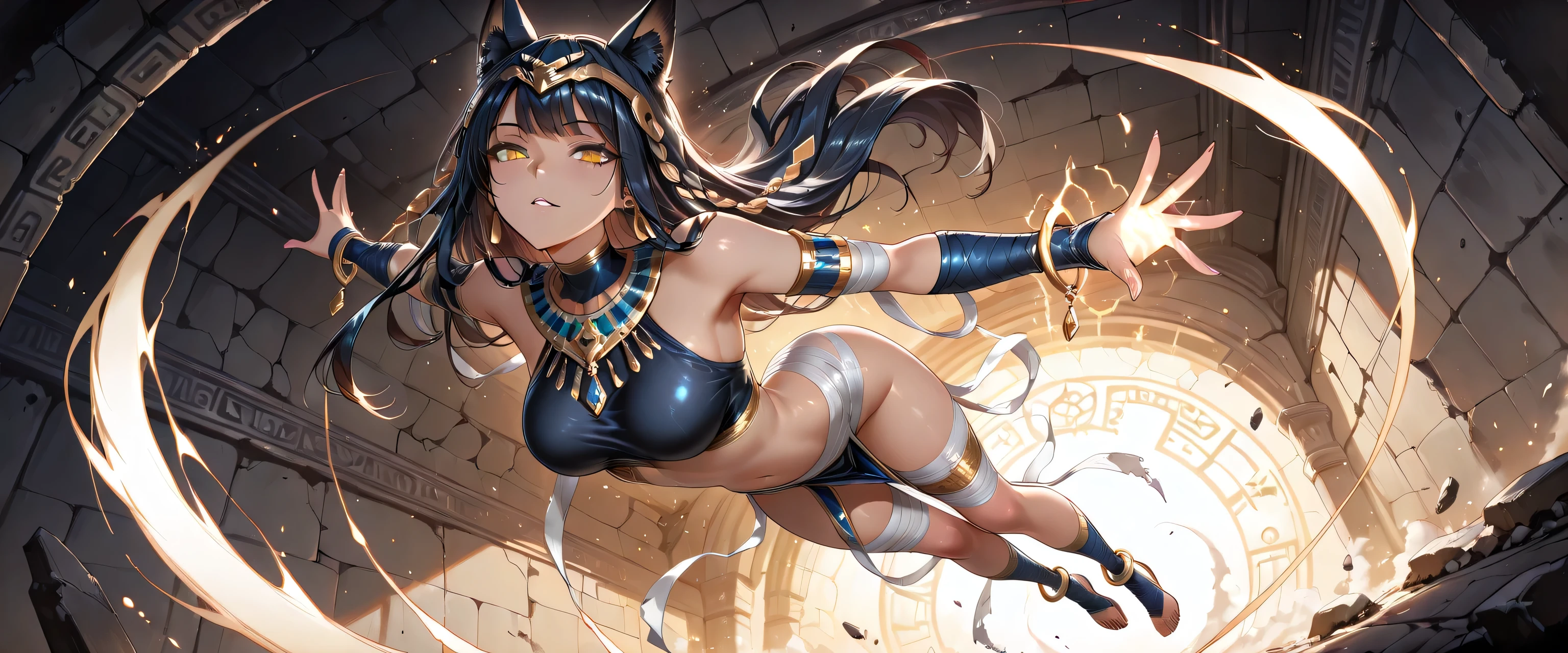 (masterpiece, best quality, ultra detailed, high resolution, anime-style, 4K),anime girl with long black hair and gold eyes in a dark room, ancient goddess, mummy portrait, photo of ghost of anubis, android girl in egyptian ruins, artgerm on artstation pixiv, anime goddess, egyptian, ancient ruins behind her, trending on artstation pixiv, artgerm. anime illustration, extremely detailed artgerm, bastet, full-body view ,(masterpiece, best quality, ultra detailed, high resolution, anime-style, 4K), A beautiful anime-style Egyptian female mummy awakening in a dimly lit tomb chamber deep inside an ancient pyramid. She has glowing turquoise eyes, short black hair partially wrapped in aged linen bandages, some parts unraveled to reveal her smooth bronze skin. Golden accessories and sacred amulets hang from her neck and wrists, glowing faintly with ancient magic. Her tattered linen wraps cling to her curvaceous body, revealing her midriff and legs. Golden anklets and rings decorate her feet and fingers. She has a mysterious, seductive expression — a mix of ancient sorrow and deadly allure. Behind her, hieroglyph-covered sandstone walls shimmer in torchlight, and a stone sarcophagus lies open with mystical smoke curling out. Cobwebs hang from the ceiling, and faint shafts of light filter through cracks, casting dramatic shadows. Cinematic lighting, a touch of supernatural aura, glowing runes, mystical undead queen energy, slightly floating above the ground, hair and bandages flowing as if moved by an unseen wind. Pose: elegant, powerful, rising from her sarcophagus with one hand extended as if casting a spell. Style: anime, dark fantasy, ancient Egyptian horror beauty