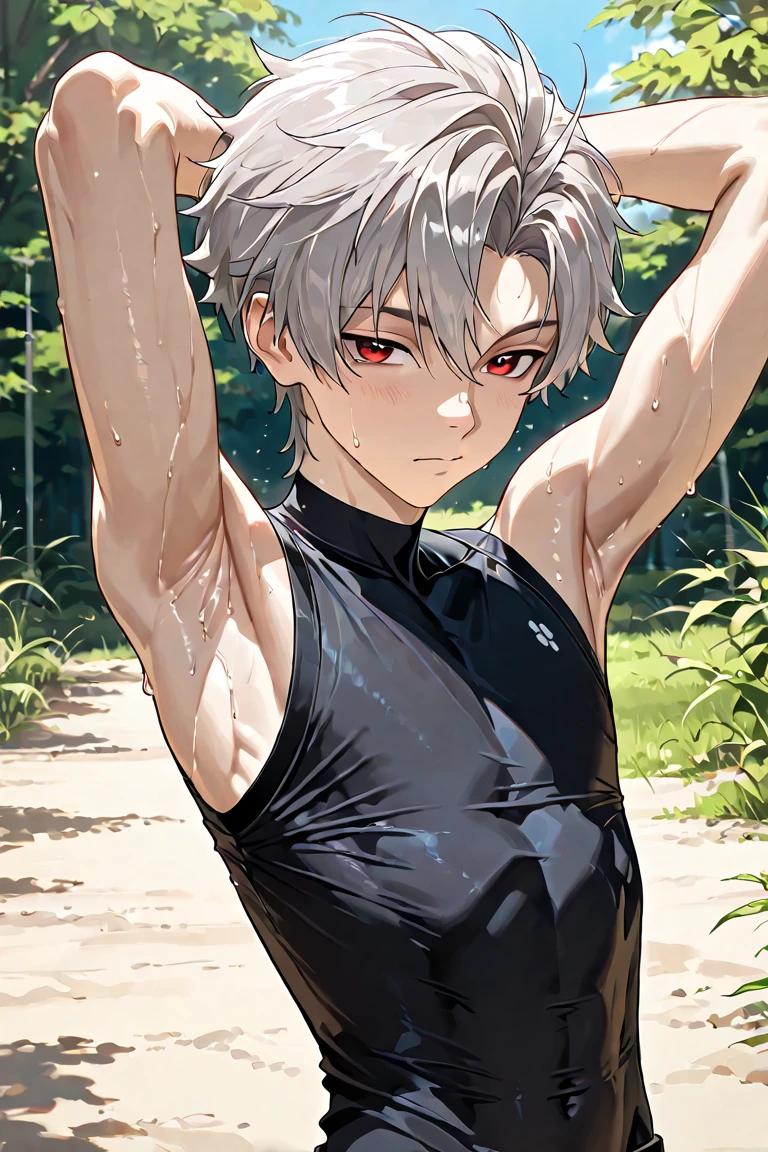 girl, ripped abs, biceps, triceps, traps, armpits, quads, black tank top, white hair, short hair, messy hair, black eyes, japanese garden background