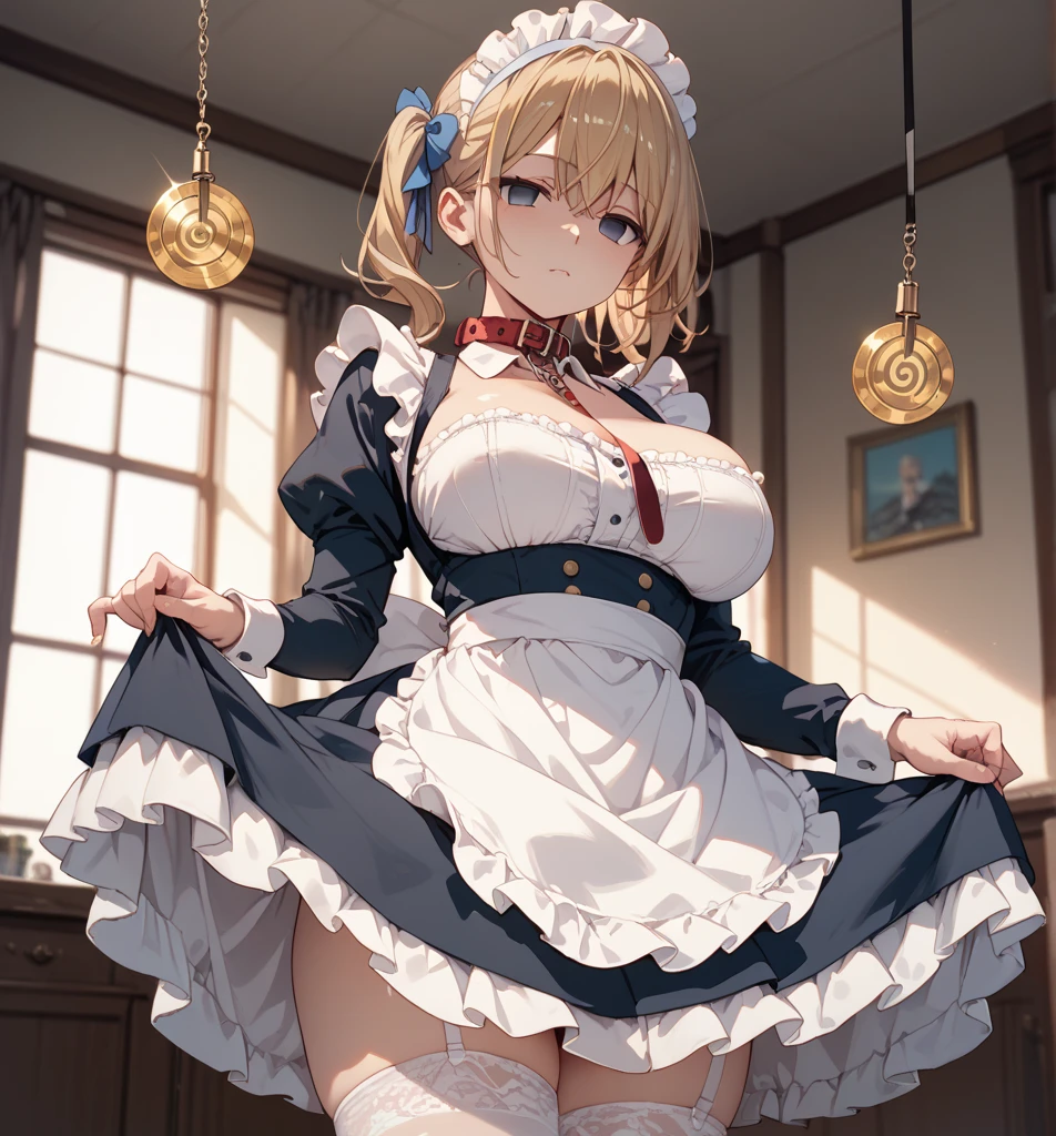 score_9, score_8_up, score_7_up, source_anime, 1girl, mature female, blonde hair, blue eyes, updo hair, cat ears, large breasts, eyeglasses, micro bikini maid, headdress, blouse, skirt, apron, areola, sincere, light smile, bent over, back, private room, mansion,