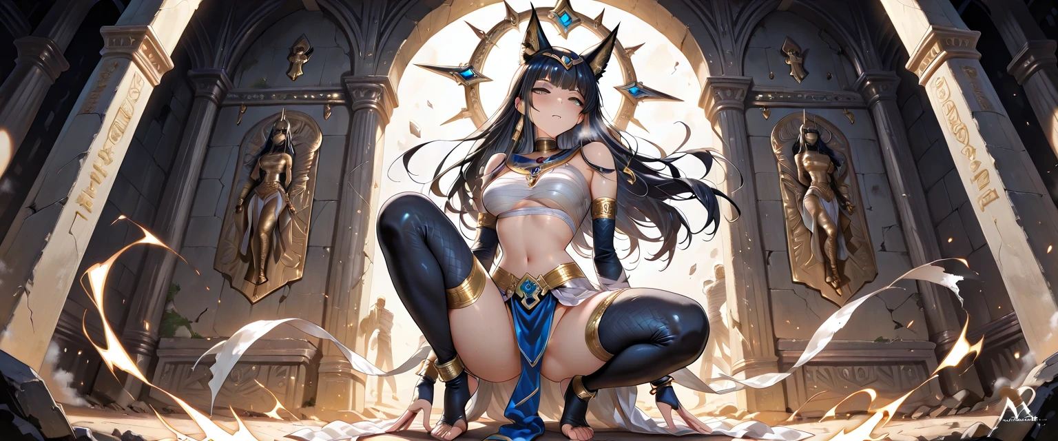 SSSS.Gridman,Takarata Rikka,8K,bestquality,bestmasterpiece,kneeling,female Pharaoh,very pretty and charming,low-cut,Navel exposed suit,Chest revealing clothing,A haughty expression,Eye of Horus,crotch tattoo,Kneeling on the bed,crotch tattoo,crotch tattoo,Hip coat of arms
