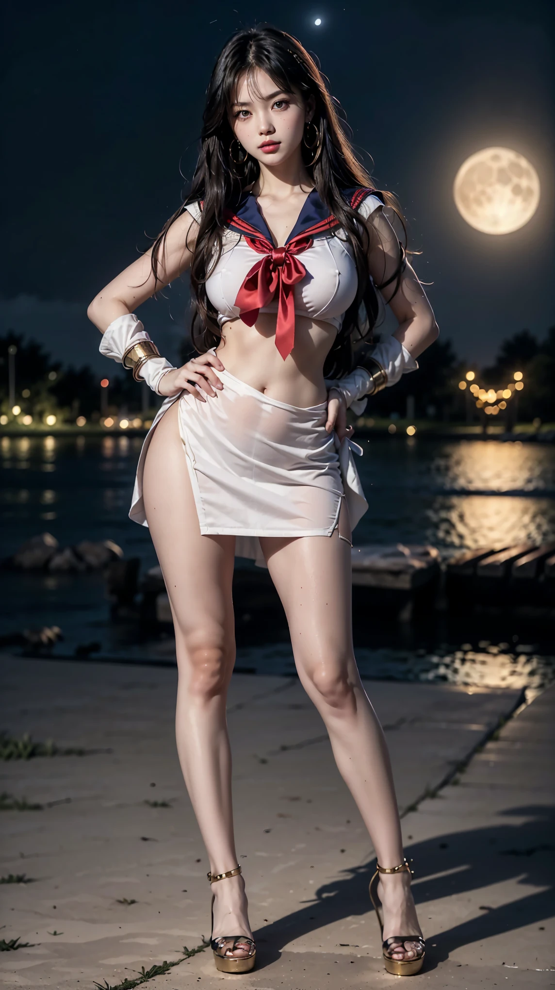 A bela female, Sozinho, ((menina cosplay perfeita da sailor mars, Idade )), (bela, high resolution illustration, Ultra detailed), Head to knee image,close-up, front view, standing with slightly open posture, (absolutely detailed bela face, rosto sexy, natural makeup, Ultra detailed bela skin), perfect figure, detailed representation, (Place your hand on your hips,( point to the spectator ), perfect representation of the toes, Perfect Anatomy), ((extremely detailed)), obra-prima , Best Quality, breast massage, perfect illustration, 4k, 8k, Perfect Anatomy, Ultra detailed anime style, realista, photorealist, ((Extremely detailed description, late noite, a moon in the sky, bela moon, noite, no parque, in the background )), cervo, (sailor mars, neck tie, long hair, circle , joalheria, crescent Moon earrings),quebrar ( red skirt, vestir, meias altas), Belle, PERSEPHONE, (fullbody:1.8)