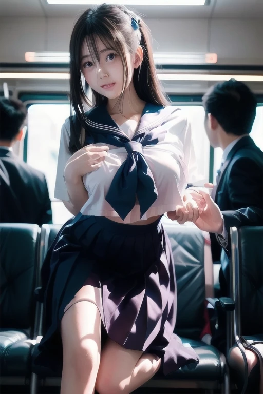 (angle from below:1.5), 1girl, (solo), blush, (seductive smile:1.3), ((15 years old)), (big breast:1.8), nsfw,((com on face:1.6)), (cum on body:1.6), ((excessive cum:1.8)), ((beautiful anime eyes with fine detail)), realistic skin, (((sailor suit))), (Navy blue pleated mini skirt), nsfw, ((skirt lift:1.5)), ((spread pussy:1.5)), spread legs, ((thigh-high socks)), Subway train interior background, in a crowded train, (Lots of men on the train), men wearing suit pants, man standing behind a girl,