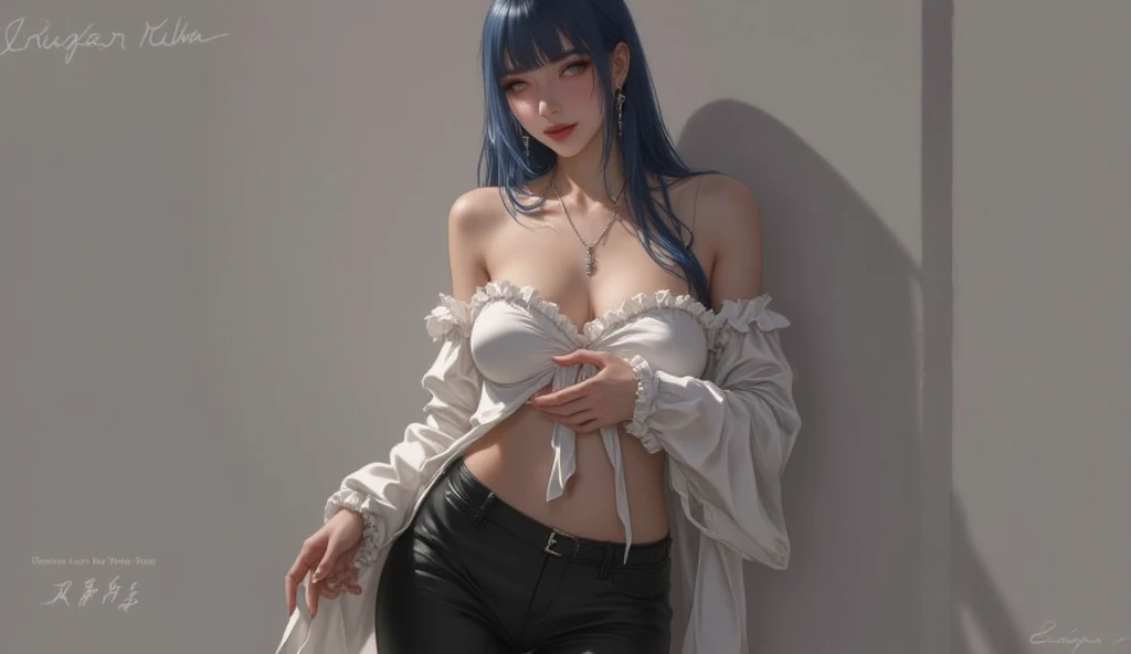 8K, Top Quality, Intricate Details, Ultra Detail, Ultra High Resolution, Masterpiece, close up shot, (full body: 1.1), Slender, Smile, (Makeup: 0.4), ((,)), (Fluffy blue Eyes: 1.21), (()), 1girl, solo, 1 girl, ((blue hair, bangs, long hair )), close up shot, , ((tall)), (((fit body))), (((slim face))), sharp face, (( )) , (detailed face), sharp face, small lips, ((kimono,)), , ((kimono,)), detailed face, detailed breast, , ((detailed nipples)), detail ass, Narrow Waist, Skinny, tall , 175 cm tall, Muscular, Navel, Exposed Abdomen, Pointed Chest,, Beautiful girl with accentuated slender abs: 1.4, Six Pack Abs: 1.4, Bust Botox, Big, Perfect Body, detail leg, (( dark background)), black background,