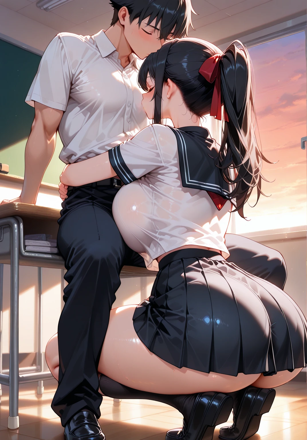 masterpiece, best quality, ultra high res, ultra-detailed, outside a convenience store in a park, pouring rain, (gigantic tits: 1.6), (dense pubic hair: 1.4), (without underwear: 1.4), (a group photo of 2 schoolgirls having forced group sex with multiple male thugs while giving fellatio and being penetrated both in their vagina and in their ass: 1.6), wet, cum, squirting, orgasm, lewd slutty face, ahegao