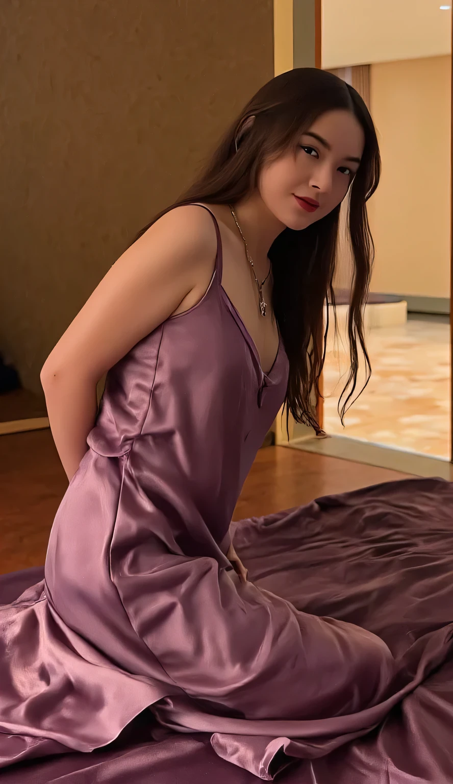 a woman, kneeling on a front facing body mattress, using a short nightgown in purple satin material, Big