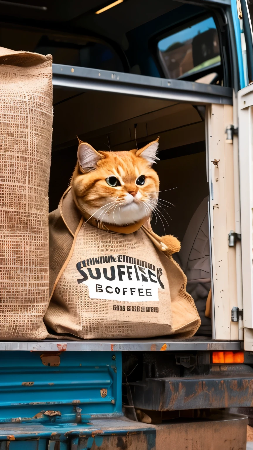 A close-up view of an anthropomorphic cat in a café uniform unloading a burlap sack of coffee beans from a delivery truck. The cat has a feline face, fur-covered arms and paws, and is slightly struggling with the heavy sack. The coffee bean logo is visible on the truck in the background. Stylized cartoon or semi-realistic style, warm lighting, early morning mood.