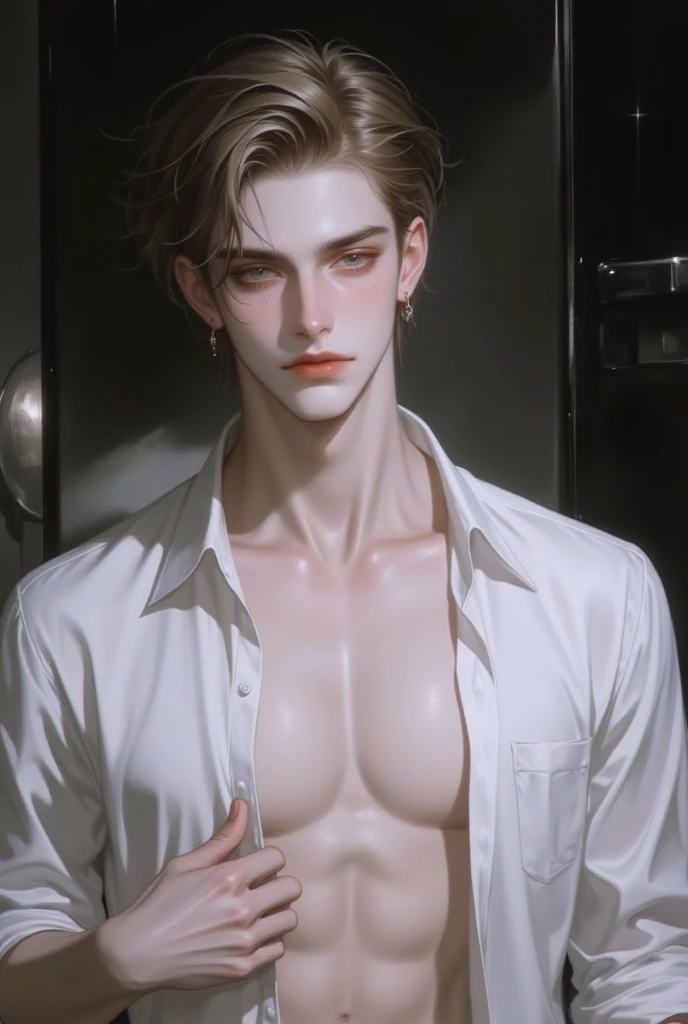 1 young man, 30 years old, short brown hair, quiff, light-medium skin, slim body, white long sleeve shirt, open shirt, unbuttoned shirt, arms outstretched, spread arms, t pose, tied, bondage, pain, night, dark room, upper body shot, dark background, wall background