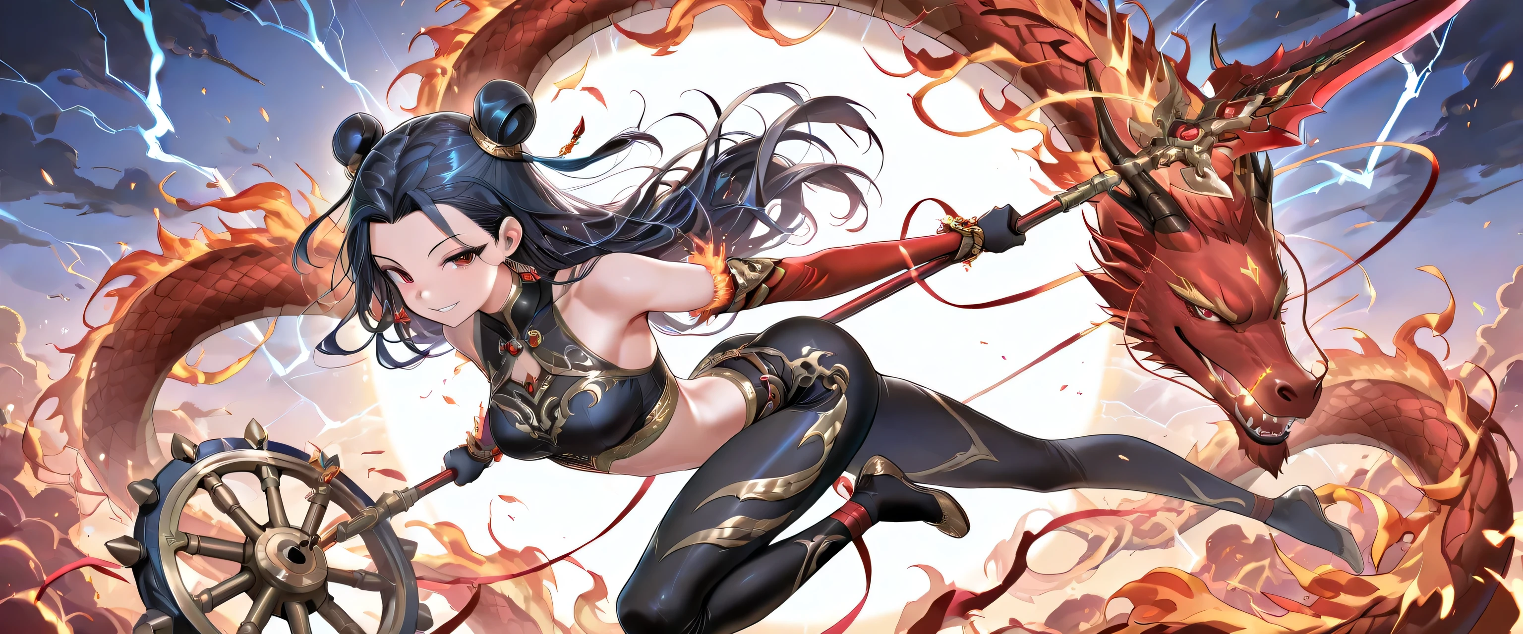 (masterpiece, best quality, ultra detailed, chinese mythology fantasy style, 4k), a fierce and enchanting female version of Nezha (Na Tra), riding atop her blazing flame wheels (Phong Hỏa Luân) high in the sky. Her pose is dynamic and commanding — one leg bent forward on the spinning wheel, the other trailing gracefully behind as she balances mid-air, flames swirling beneath her feet. She has glowing red eyes, wild silver hair tied into twin buns with golden dragon ornaments. Her face is youthful yet fierce, with a mischievous smile and fierce gaze that reflects both rebelliousness and divine power. She has six arms: - One hand holds a blazing fire spear (fire-tipped spear), - One hand holds the cosmic golden hoop (Càn Khôn Circle), - One hand holds the silk ribbon (Hỗn Thiên Lăng), - One hand holds a flaming wheel, - One hand holds a fire lotus charm, - One hand wields a small divine sword. She wears a red and gold battle outfit with armored elements and flowing silk sashes. Her midriff and shoulders are exposed, showcasing her athletic, toned body. In her four arms, she wields a flaming spear, a golden Càn Khôn Circle, a floating silk ribbon (Hỗn Thiên Lăng), and a fire lotus charm. Her red aura crackles with divine fire, and dragon-shaped flame patterns trail behind her as she rides. The sky around her is stormy and divine — clouds torn apart by her speed, with lightning and heavenly symbols glowing in the background. Her expression is playful yet indomitable — a fire goddess of youthful chaos and divine justice. Style: mythological epic, Chinese fantasy,