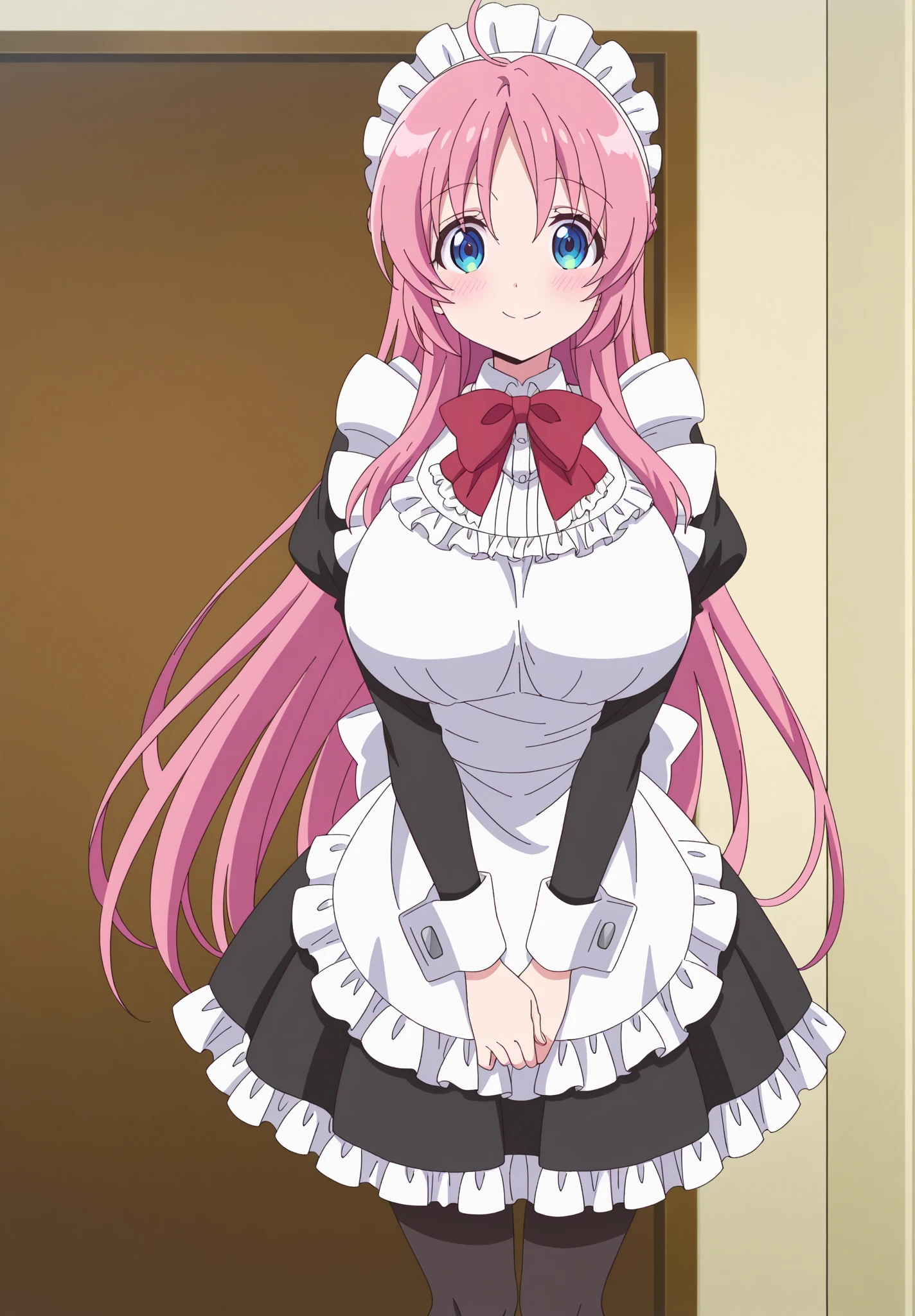 ((nsfw:1.2)),{{Masterpiece:1.5}},{Detailed and beautiful depiction 1.5},Official Art,Beautiful adult woman ,Megurine Luka,Pink long hair,blue eyes,Large Breasts,Erotic smile temptation,Maid clothes,She lifts her skirt to reveal her black shorts,bedroom
