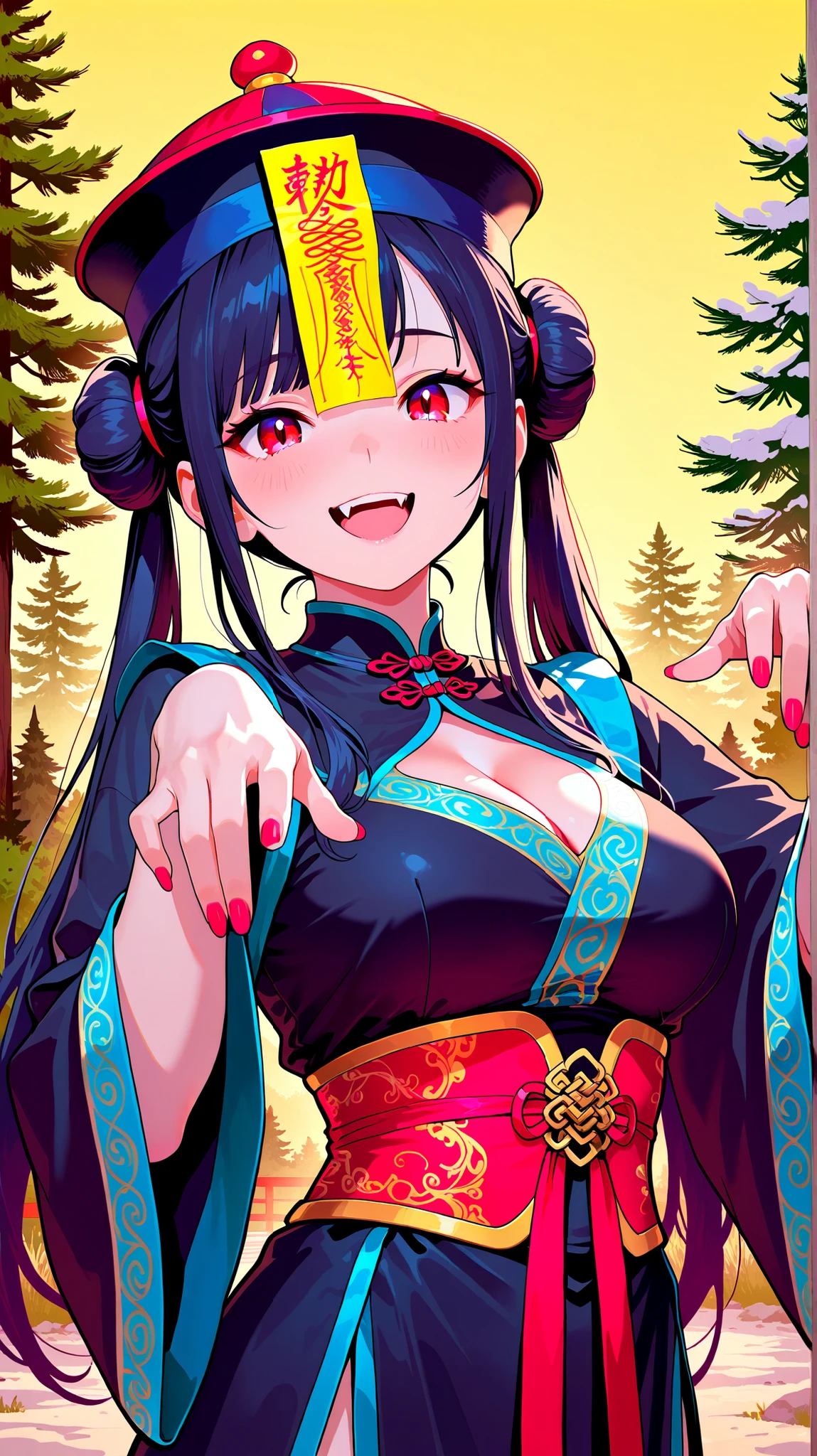 skistyle, 1girl, sarashi, black choker, horns, solo, choker, long hair, japanese clothes, looking at viewer, hair ornament, white background, kimono, upper body, facial mark, red nails, bare shoulders, open clothes, hand up, bangs, off shoulder, red kimono, chest sarashi, oni horns, yellow eyes, simple background, nail polish, very long hair, makeup, tattoo, open kimono, smile, strapless, fingernails, wide sleeves